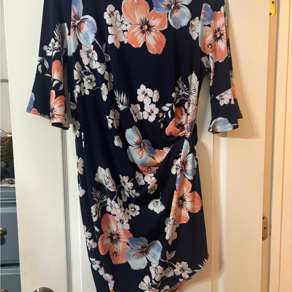 Connected Apparel Navy Floral Asymmetrical Dress